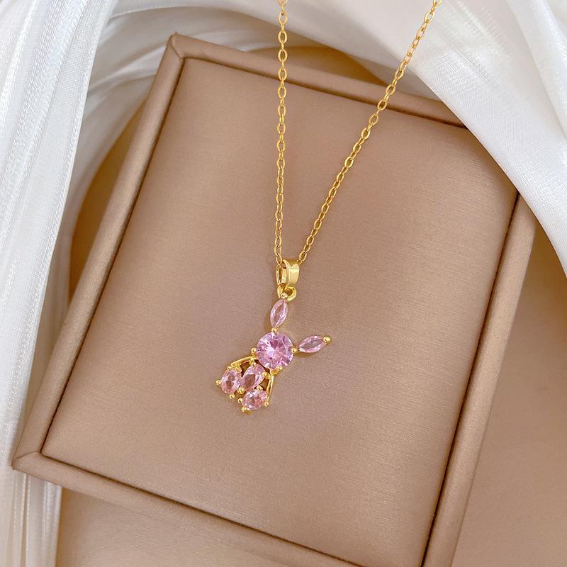 Pink Synthetic Zircon Rabbit Pendant Necklace for Women 2025 New Fashion Jewelry
