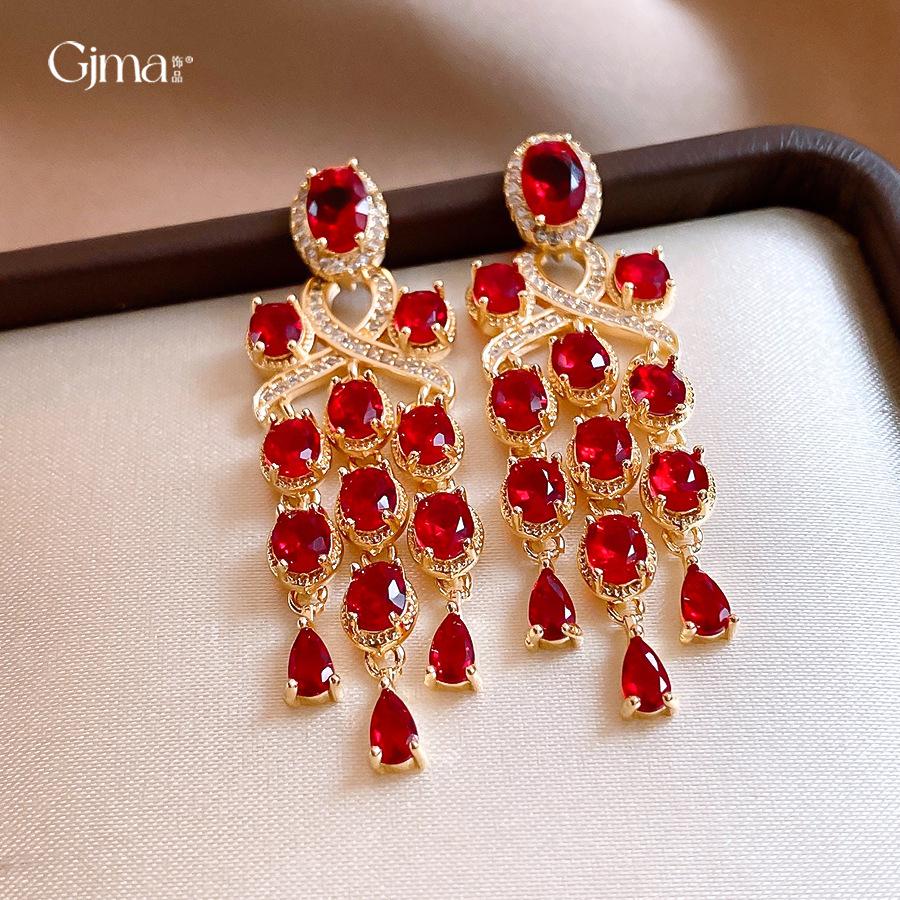 Court style red oval zircon fringed earrings light luxury stud earrings personalized earrings women