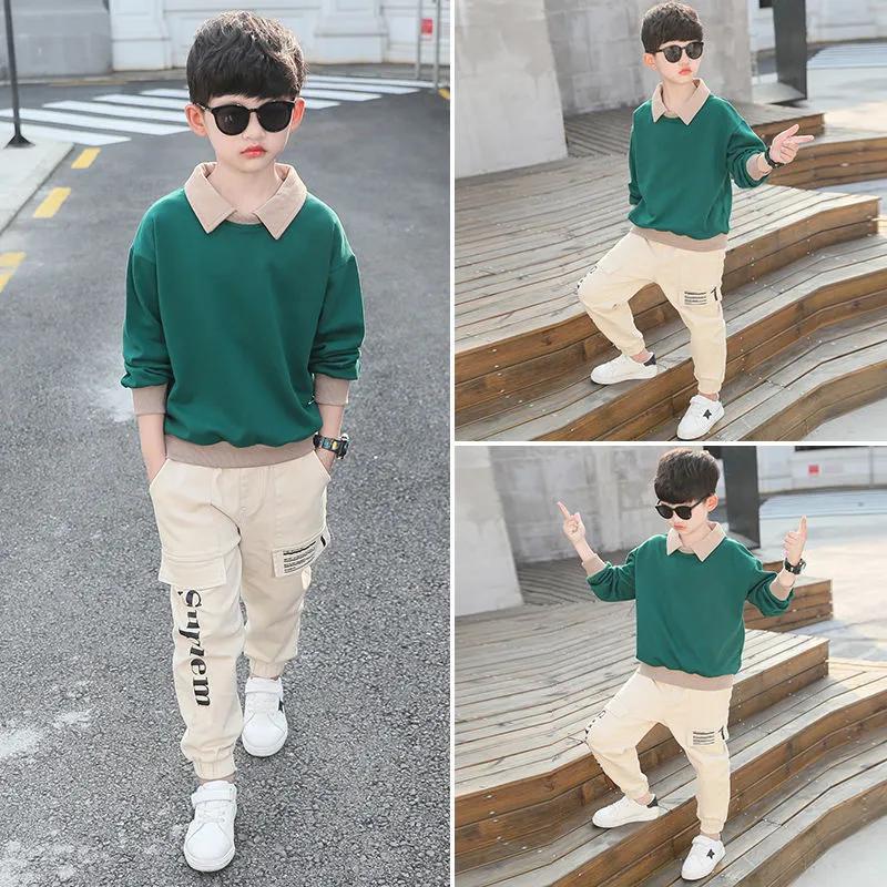 Boys Spring and Autumn Suit Solid Color Printing Splicing Top + Pants Teenage Two-piece Set