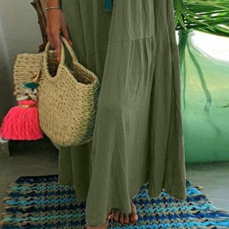 Women Loose V Neck Beach Dress Summer Casual Flowy Cotton Linen Maxi Swing Short Sleeve Tiered Dress