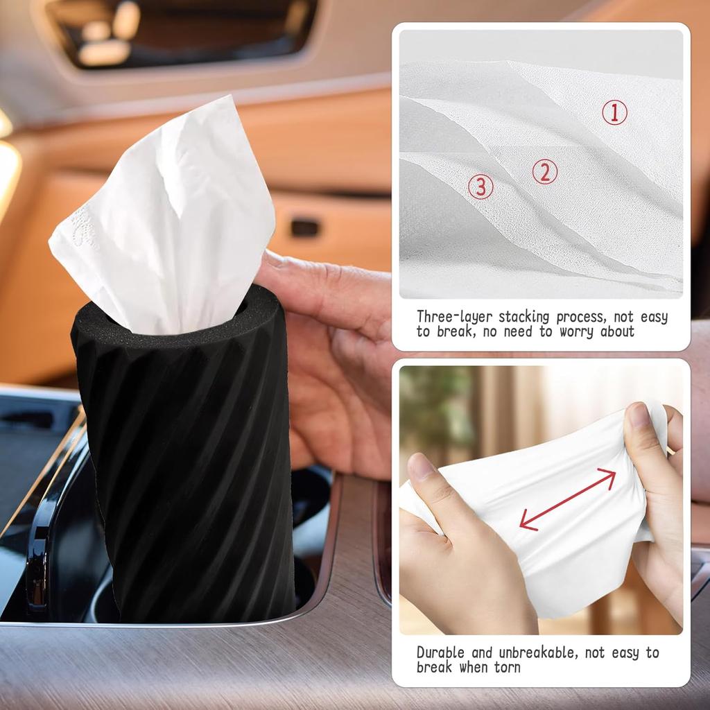 Car Tissue Holder, Refillable Round Cylinder with 3 Tissue Packs, Universal Fit for Vehicle Cup Holder, Home & Office, Car Accessories Interior