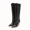 Leather women knee high boots pointed toe western cowboy boots women mid-calf chunky wedge boots
