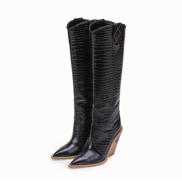 Leather women knee high boots pointed toe western cowboy boots women mid-calf chunky wedge boots
