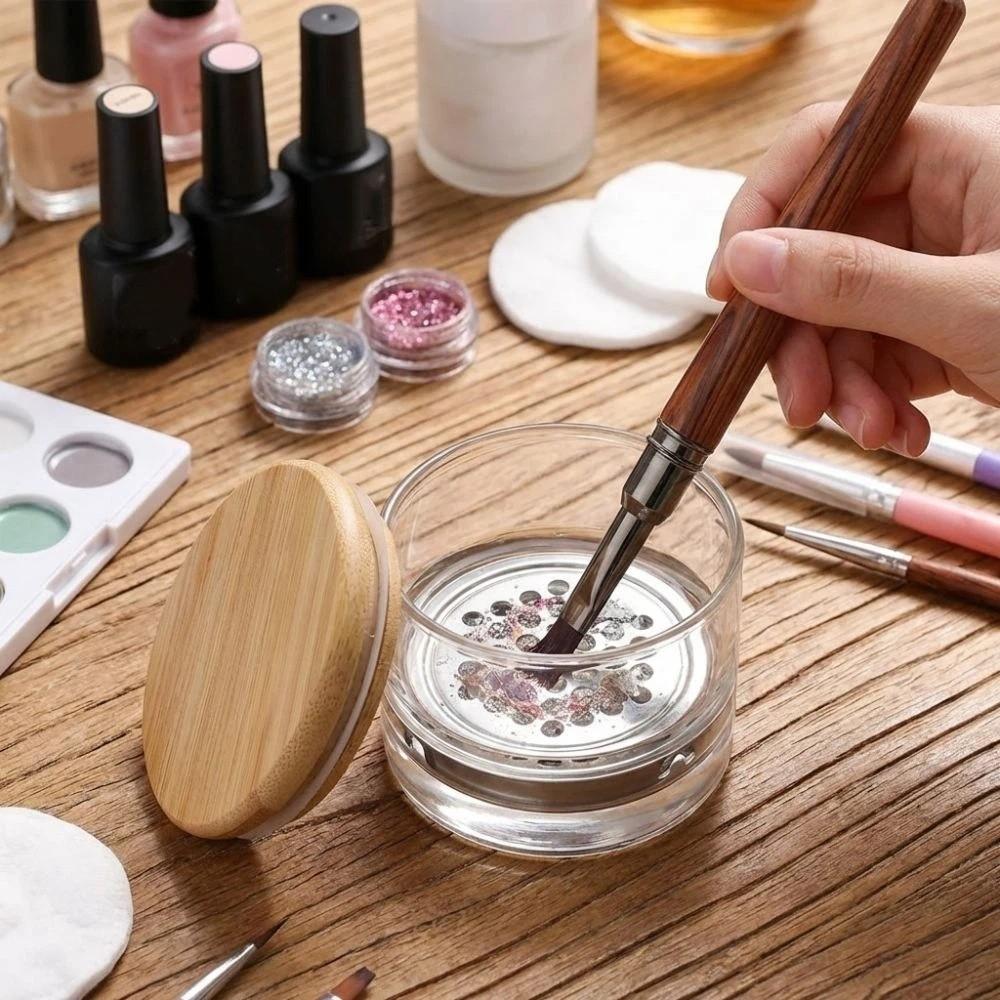 Round Nail Brush Cleaner Cup Transparent Glass Brushes Washing Cup Acrylic Brushes