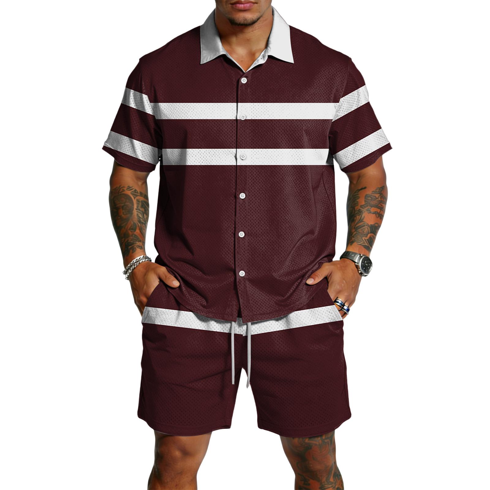 

Men Button Down Short Sleeve Shirt and Shorts Set Striped Print Lapel Collar Casual Two Piece Outfit for Summer XL винний