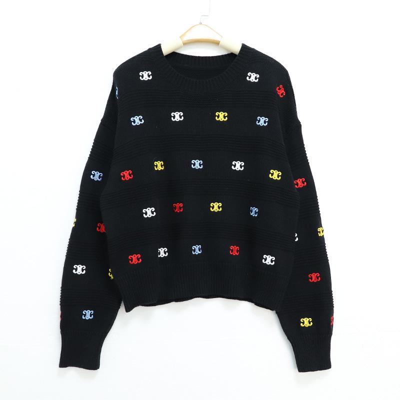 

Корейский стиль Радужный Вышитый Свитер - Женский Повседневный Приталенный Трикотажный Топ для Осени и Зимы One Size чёрный