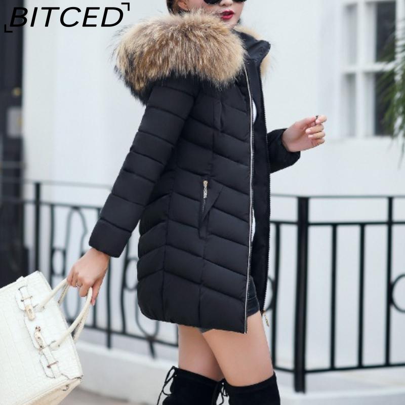 BITCED Winter Coat for Women - Mid-Length Slim-Fit Cotton Jacket with Large Fur Collar and Down-Filled Quilted Design