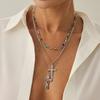 European and American Sense Y-shaped Fringed Necklace Women, Creative Color Double-layer Cross Pendant Collarbone Chain Necklace