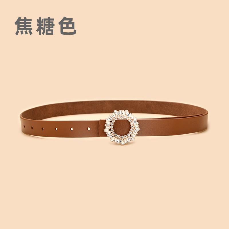 Ladies Belt With Crystal Diamond Square Buckle Decorative Belt Women'S Leather Smooth Buckle Belt