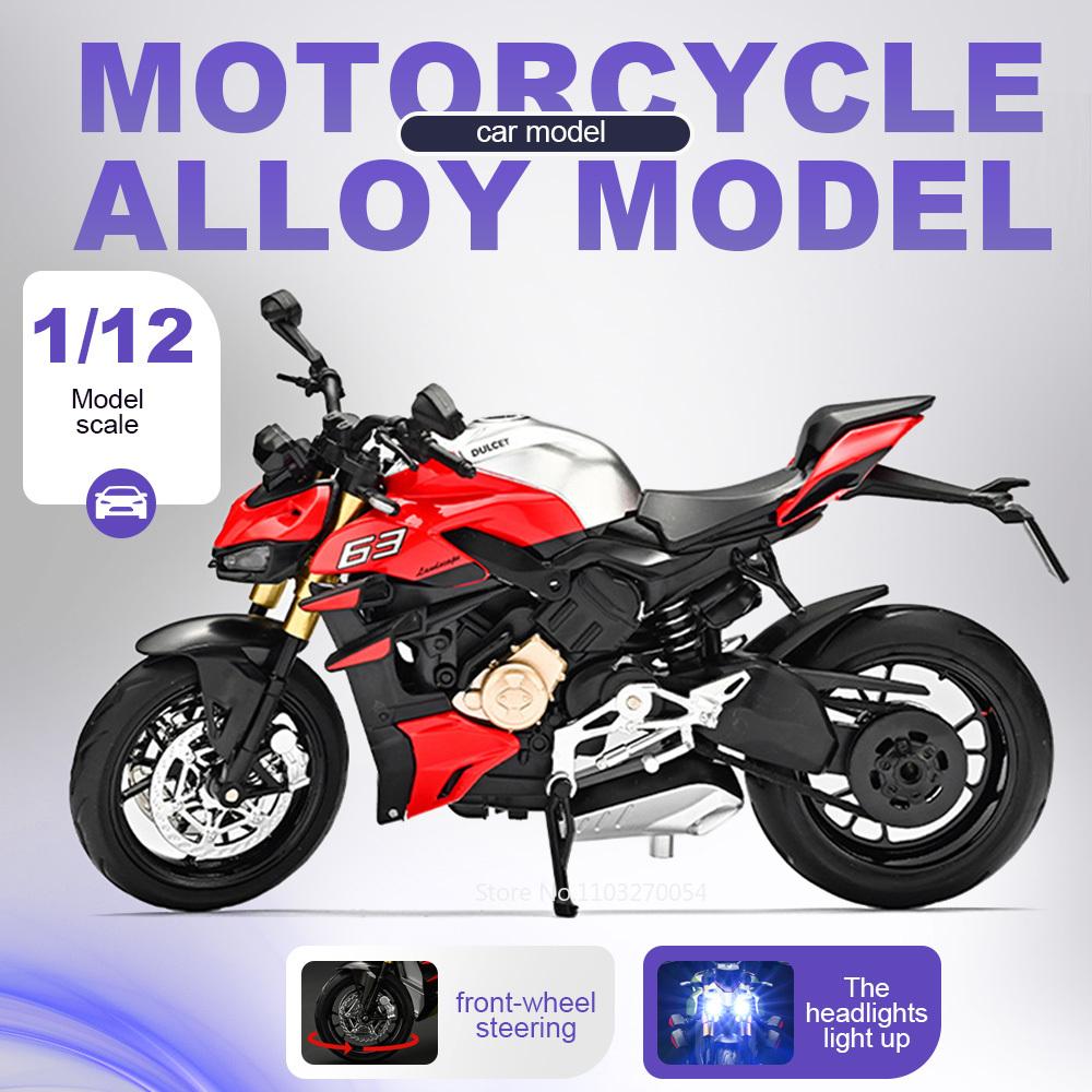 1:12 V4S 1199 Miniature Car Model Alloy Diecast Motorcycle Front-Wheel Steering Sound Light Shock Absorption Motorbike Boy Gifts