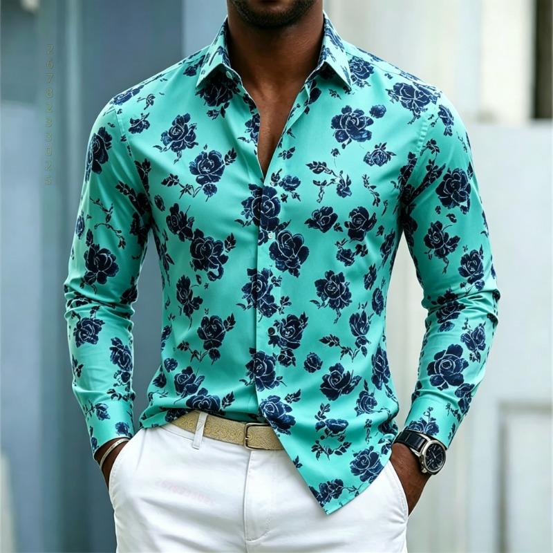 Camicia da uomo con stampa di rose blu europee e americane, camicia a maniche lunghe, sfondo bianco, fiore di rosa, slim, casual, taglie XS-6XL