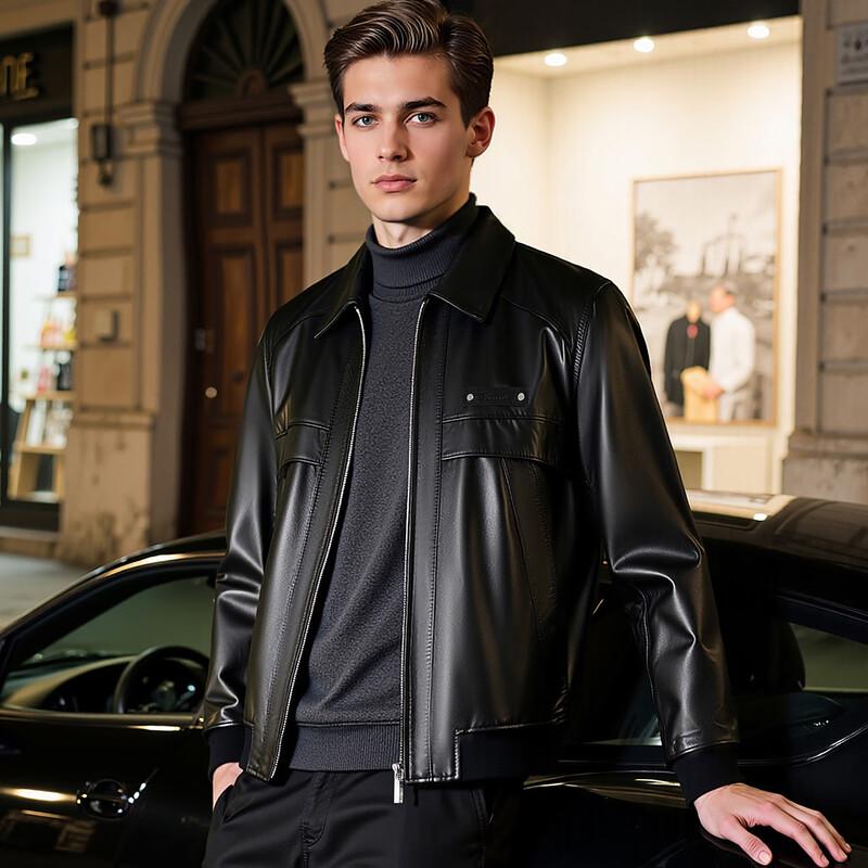 Fu Ting Men's Genuine Leather Lapel Jacket