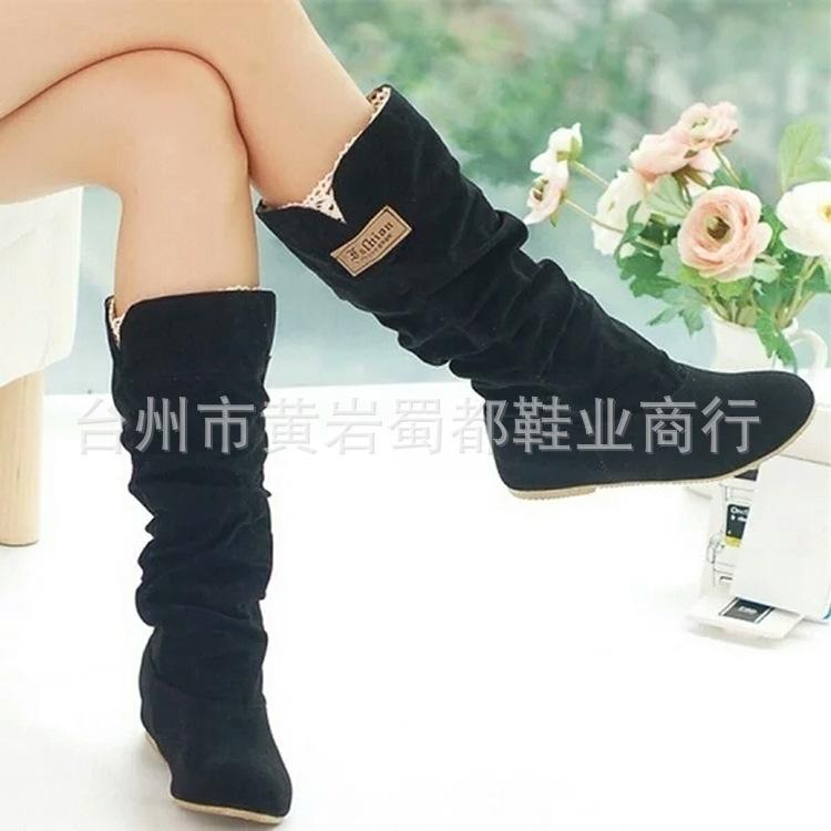 Wish Hot Sale Large Size 4 Flat Bottom Medium Boots Women's Autumn and Winter New Lace Lace Women's Boots Shoes