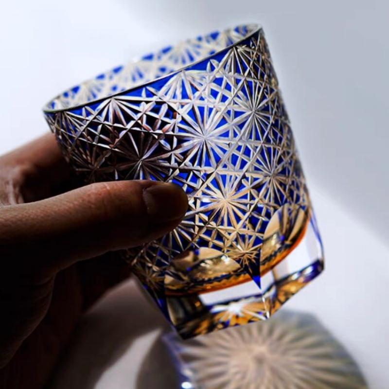 Handcrafted Edo Kiriko 240ml 320 ml Amber Colored Rocks Whiskey Tumbler Cocktail Glass for Home Bar Decor