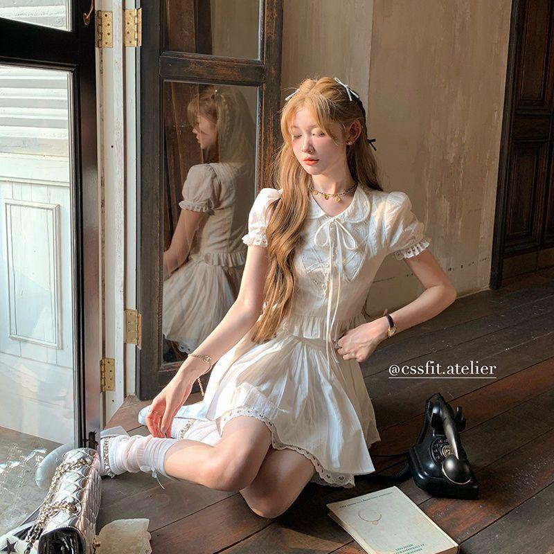 2026 Summer French Slim-fit Peter Pan Collar White Shirt and Embroidered Heart Skirt Set for Women
