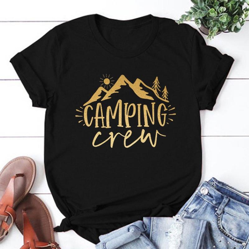 Funny Camping Crew Print T-Shirt Summer Camper T Shirt Women Men Short Sleeve Loose Shirts