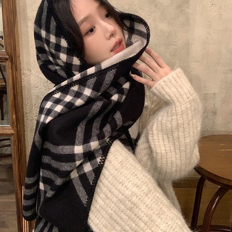 

Ретро шарф в клетку с окантовкой, для женщин, осенне-зимний, теплый, универсальный шарф на шею, двухсторонний, двухцветный, шарф для альпинизма