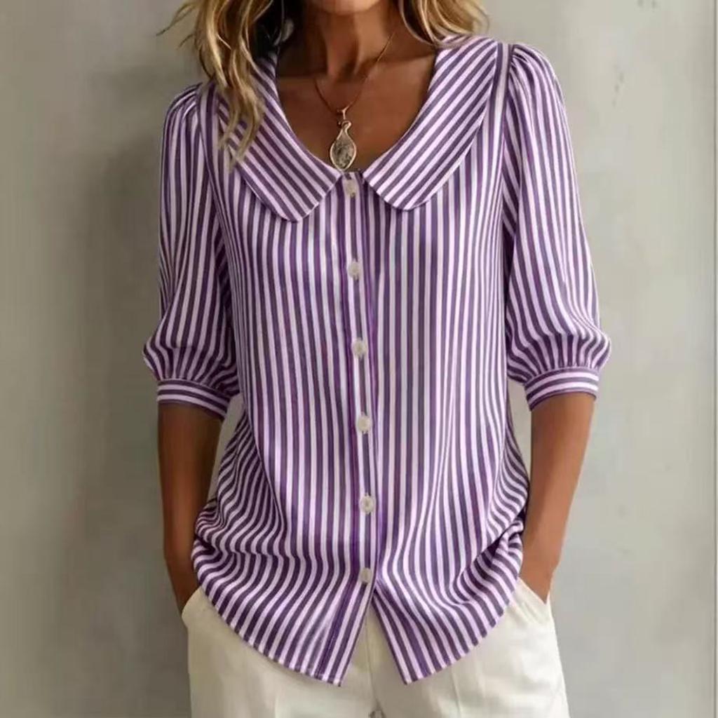 Womens V Neck Striped Blouse with 3/4 Sleeves Button Down Front Relaxed Fit Shirt for Casual or Office Wear