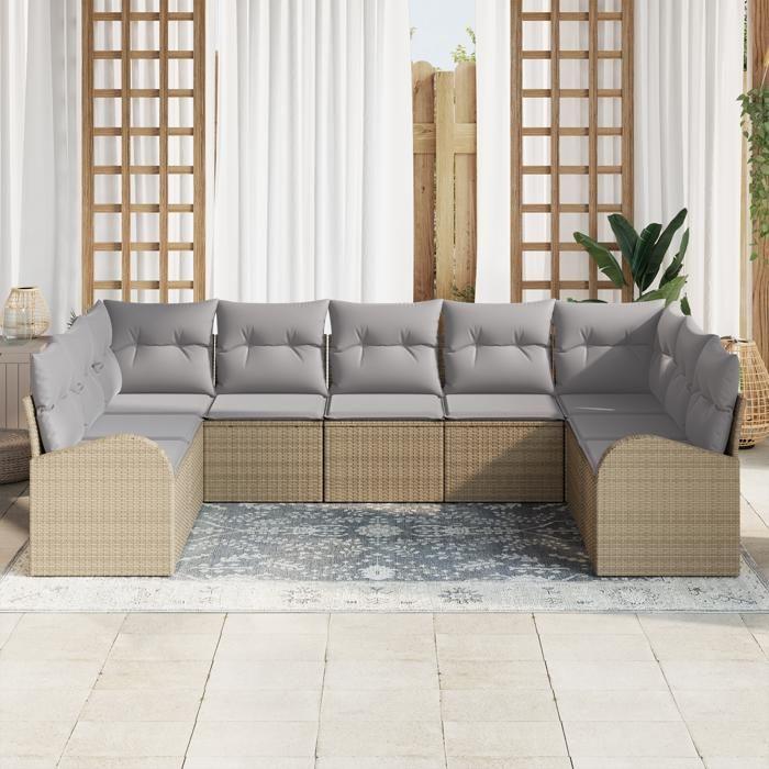 VidaXL Ensemble de Canapé de Jardin 9 Pièces avec Coussins Beige Poly Rattan 3346200
