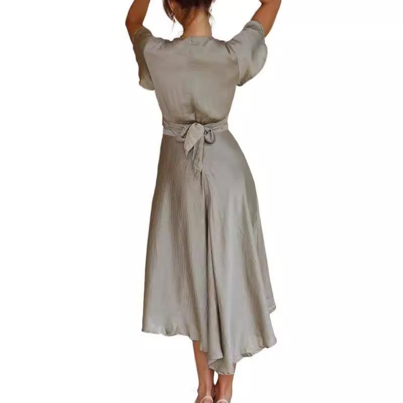 IHUASU Estate Sexy Temperamento Abito da Donna a Maniche Corte con Scollo a V e Gonna Irregolare