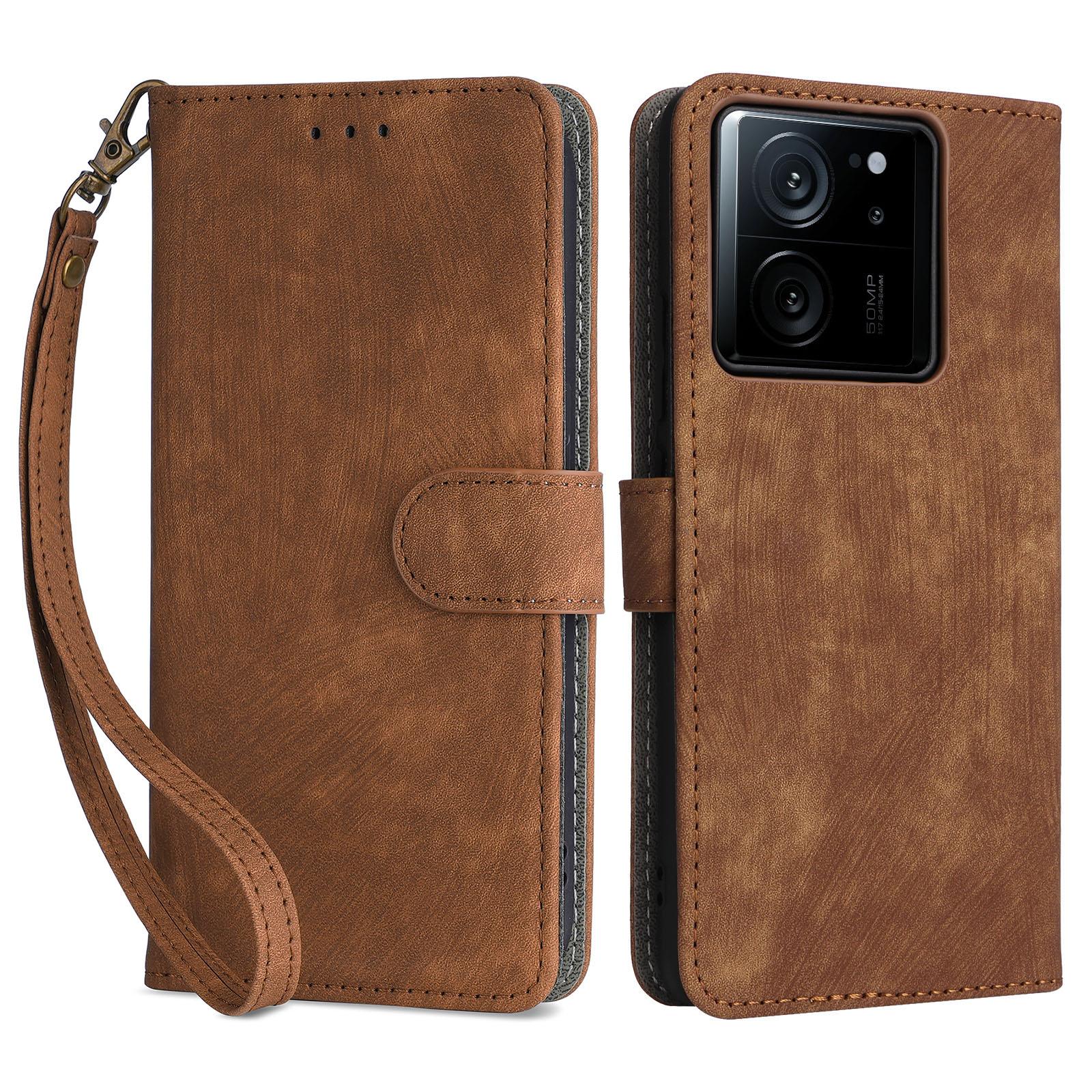 

For Xiaomi 13T/13T Pro/Redmi K60 Ultra PU Leather Stand Cover RFID Blocking Wallet Shell Anti-Scratch Phone Case with Strap Brown