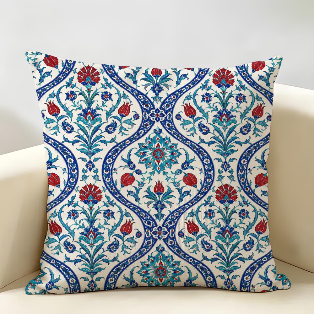 Blue Red Ottoman Style Cushion Cover Natural Linen Organic Fabric Double-Sided Printing Breathable Perfect For Home Decor