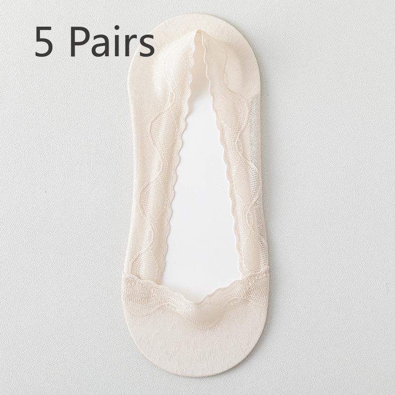 5 Pairs of Women's Summer Thin Wicking Cotton Bottom Invisible Shallow Mouth Non Slip Lace Boat Socks