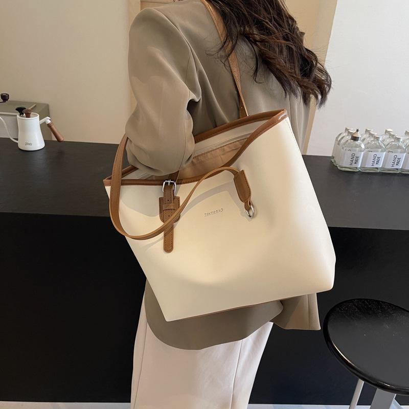 Premium Sense Retro Big Bag Women'S Contrasting Color Shoulder Bag Large Capacity Commuter Tote Bag