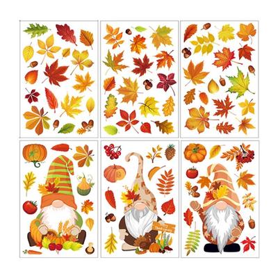 6 Sheets Fall Thanksgiving Gnome Window Clings Decal Maple Leaf Wall Stickers