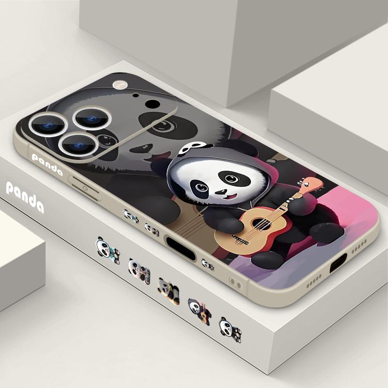Guitar-playing Panda Lanyard Case For iPhone 17 Pro Max Soft Silicone Cover For iPhone 16 Pro Max Funda iPhone 15 14 13 12 11 16E Air
