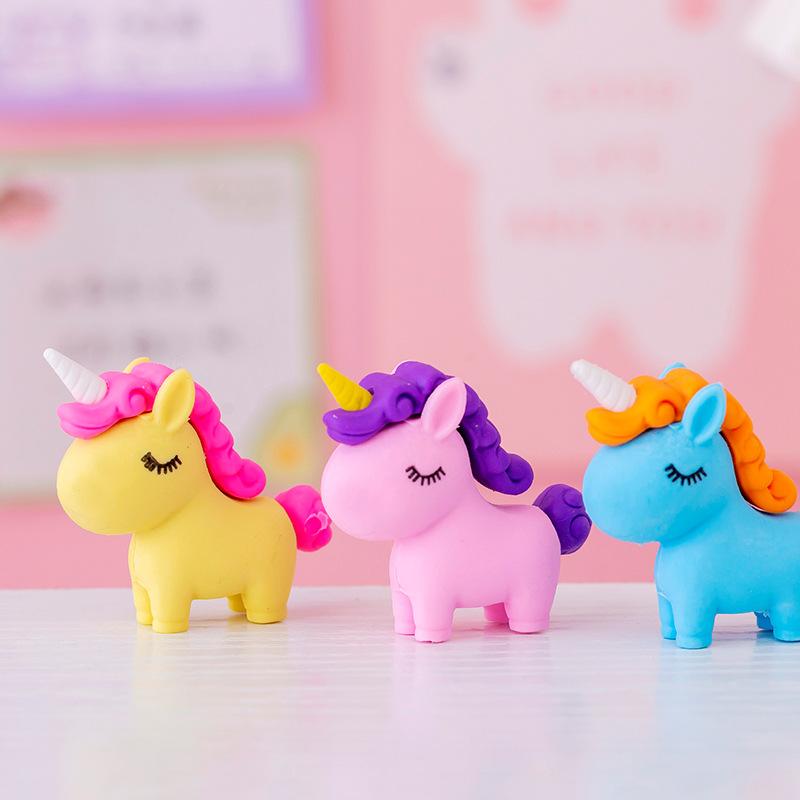 3Pcs/Lot Cute Cartoon Unicorn Eraser Kawaii 3D Pony Detachable Pencil Eraser Rubber For Kids School Student Stationery Gifts