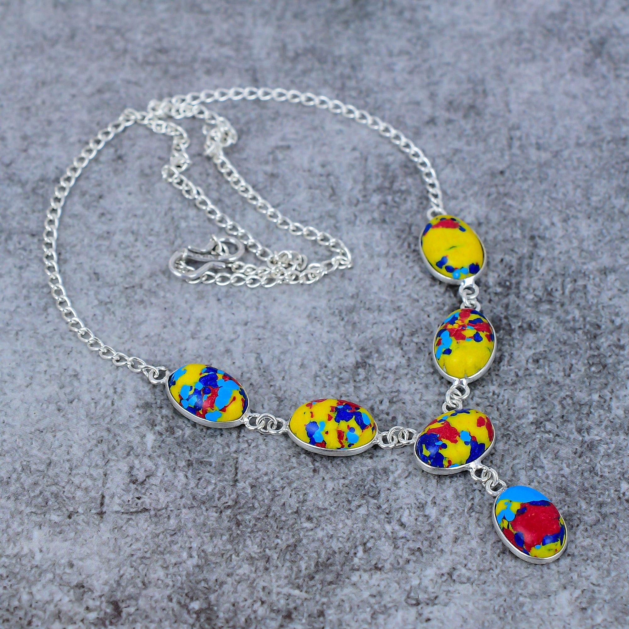 

Mosaic Jasper Gemstone Handmade 925 Sterling Silver Jewelry Necklace 18 M-403