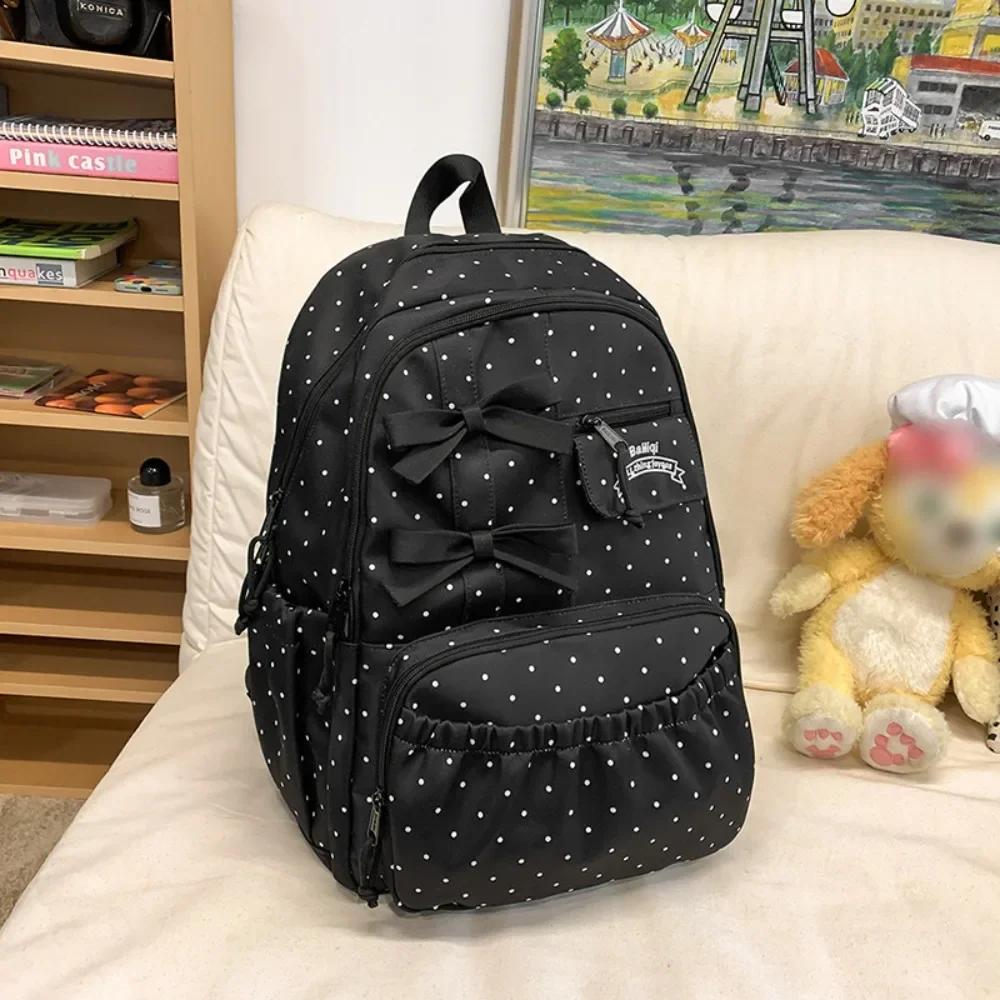 New Polka Dot Bow Girls Backpack Large-capacity Anti-theft Student Schoolbag Nylon Multi-compartment Travel Computer Backpack