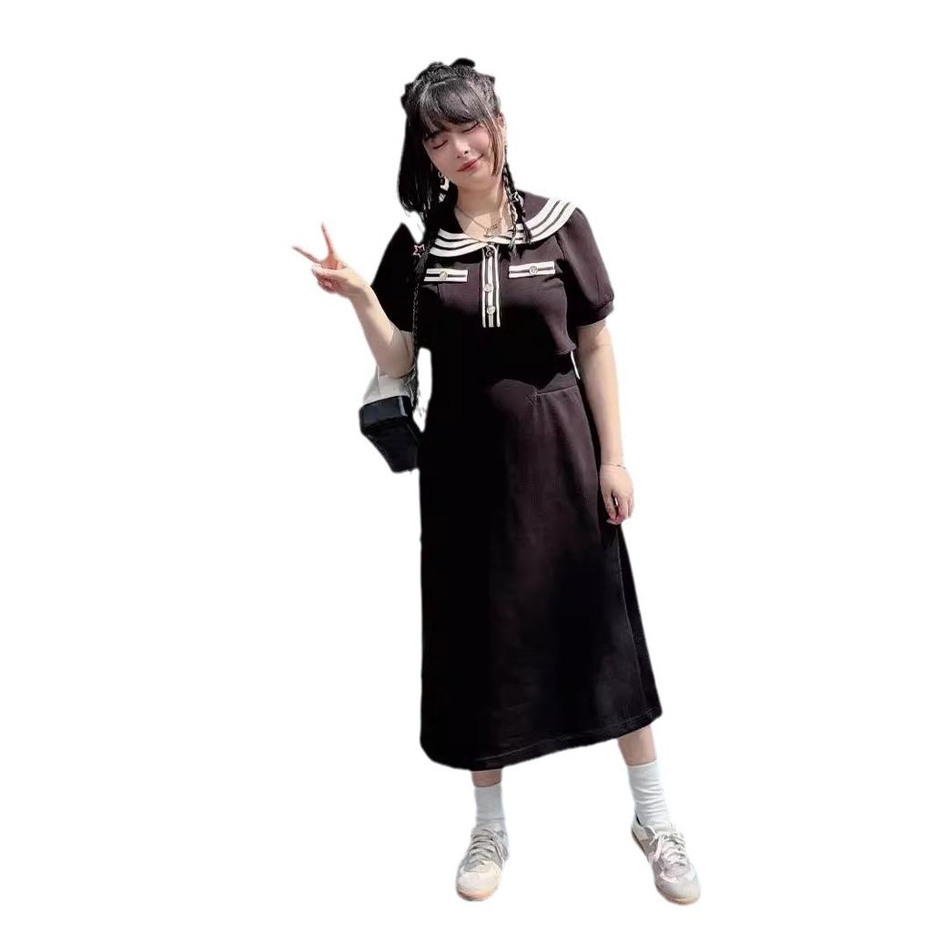 8 large size dress fat mm navy style short sleeves sweet temperament design fake two-piece skirt