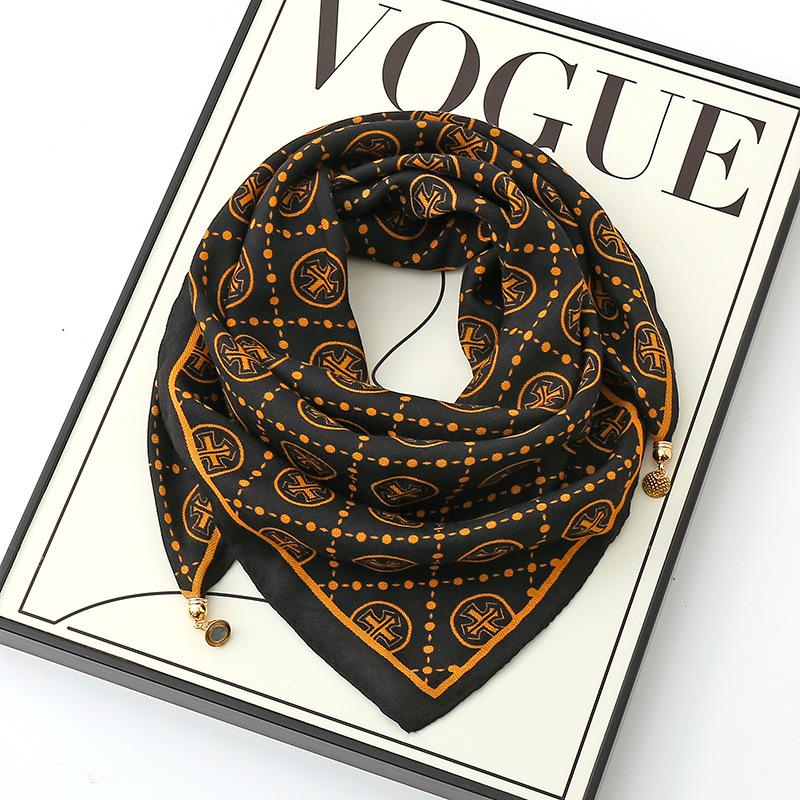 Women's 65" Silk Square Scarf with Magnetic Buckle – Autumn/Winter Print, Fashionable & Versatile Triangle Snood