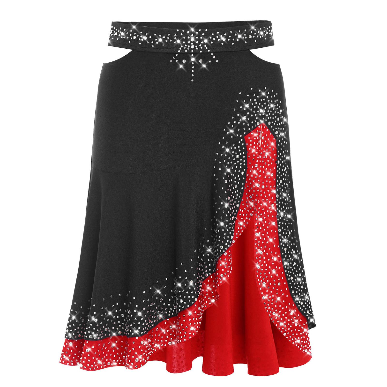

Жіноча спідниця для джазу та латини, блискучі стрази, контраст кольорів, розрізи з боків, спідниця з рюшами для виступів S чорний