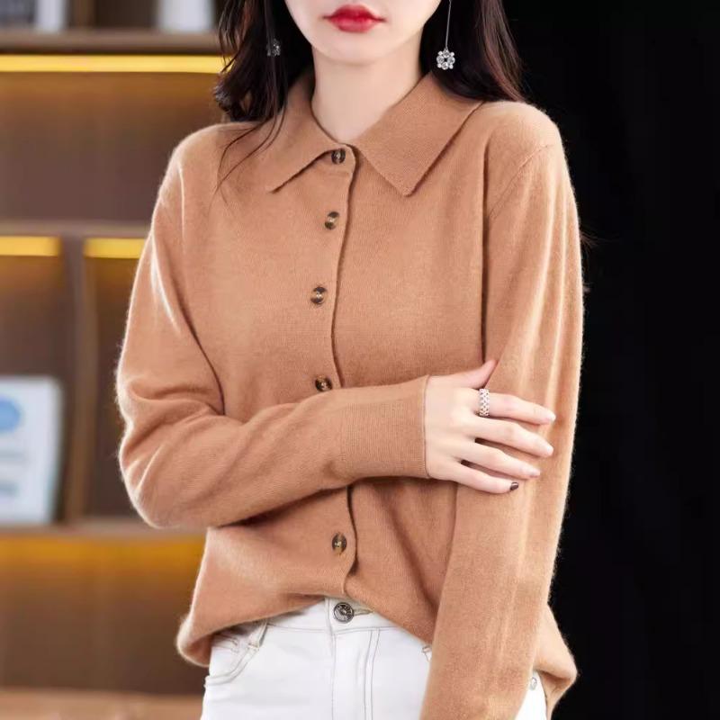New Andy Fleece Knitted Cardigan Women's PO Shirt Collar Solid Color Sweater Jacket Top