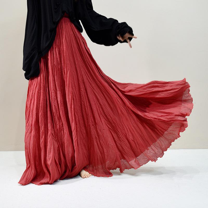 Pleated Cotton Linen Textured Midi Skirt, Women's Spring/Summer 20256 Collection, Large Hem, Floor-Length, Simple Design.