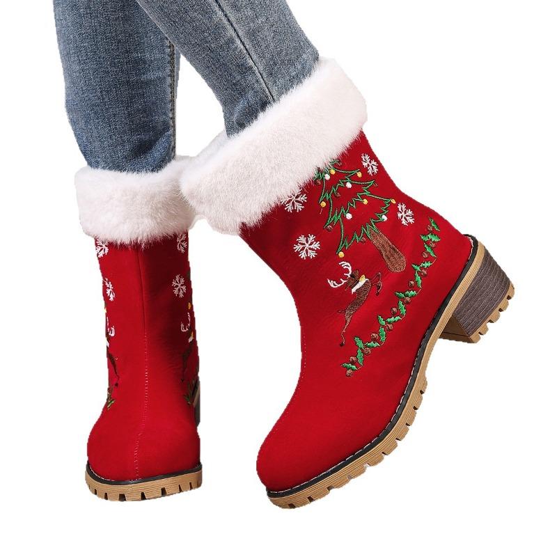 Women's Red Christmas Snow Boots, Round Toe Platform Chunky Heel Ankle Boots, Plush Lined Warm Winter Booties