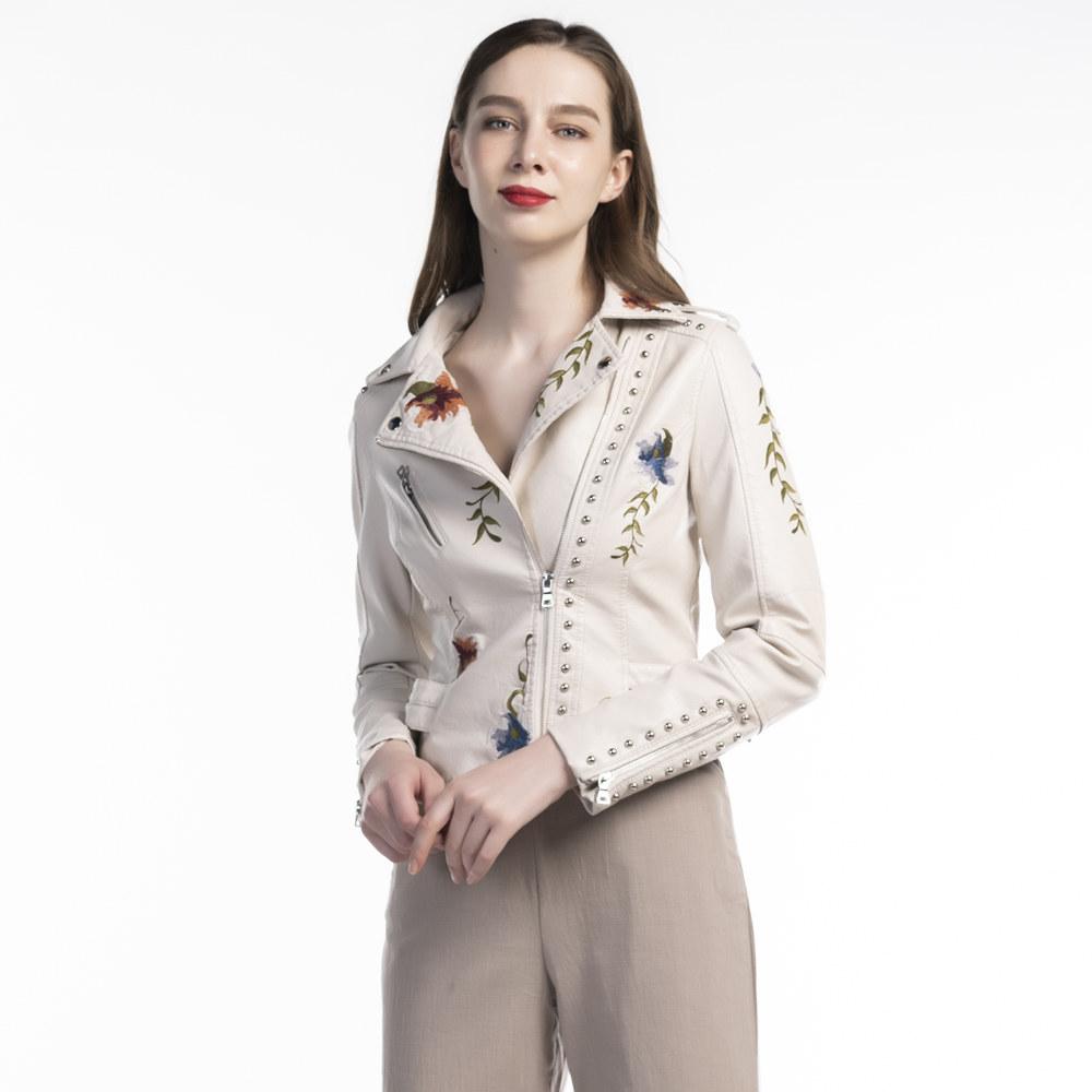 Turn-down Collar Pu Motorcycle Black Punk Outerwear Women Floral Print Embroidery Faux Soft Leather Jacket Coat