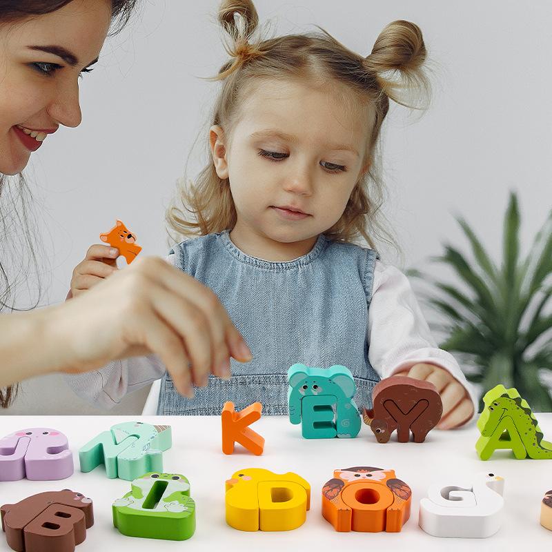 Wooden Children'S Cartoon Animals 26 Letter Capital Words Cognition Early Education Puzzle Toys