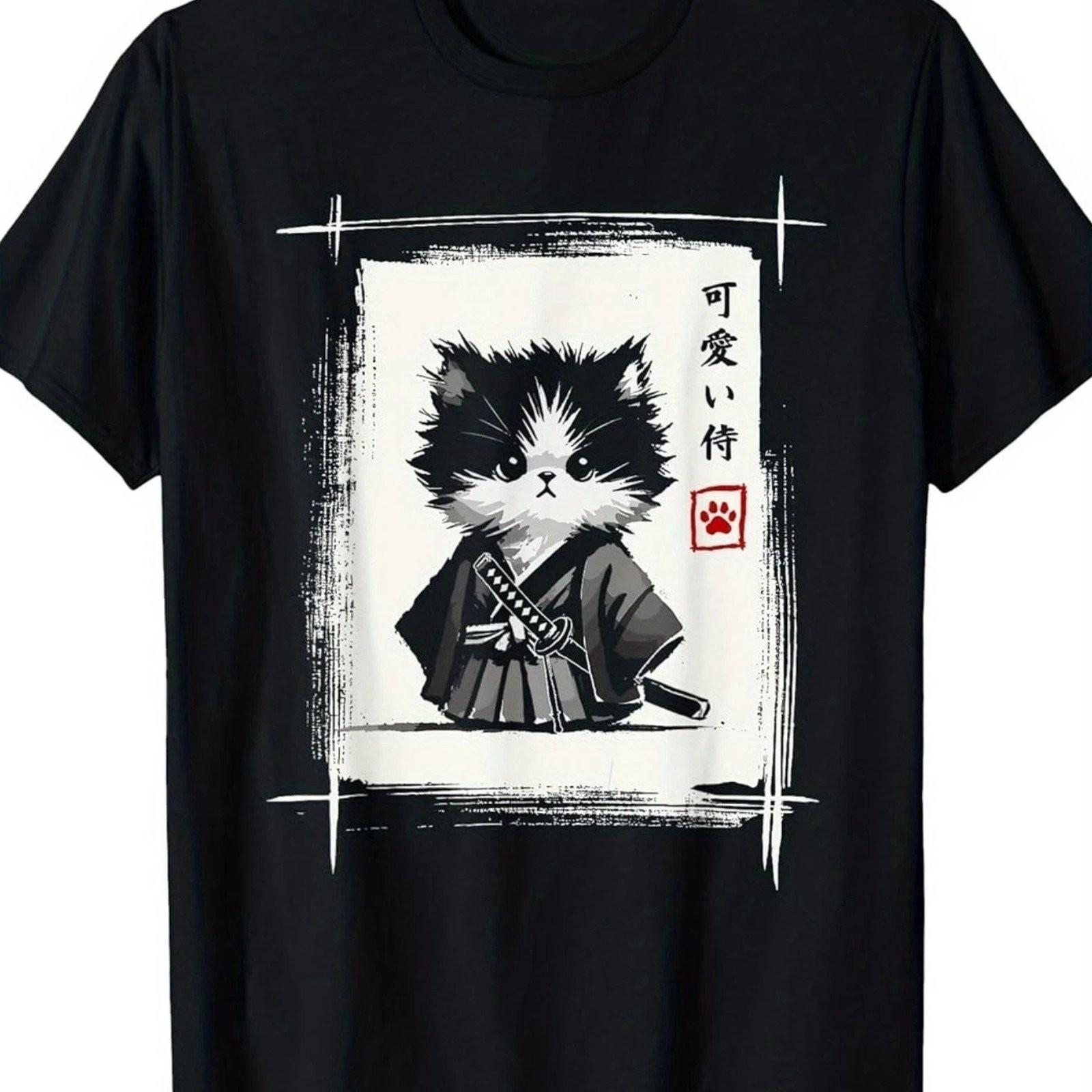 Vintage Samurai Cat Sumi-E Ink Japanese Graphic Tee Unisex Cotton XXL