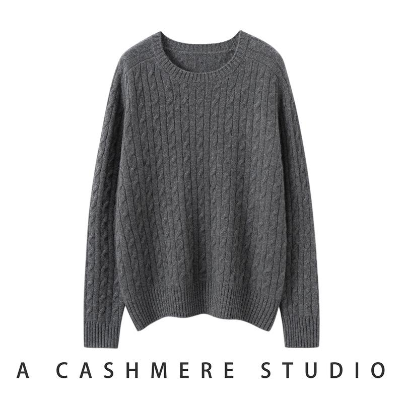 Women's Pure Cashmere Cable Knit Sweater: Thickened, Round Neck, Loose Fit, Slimming Knitwear for Autumn and Winter.