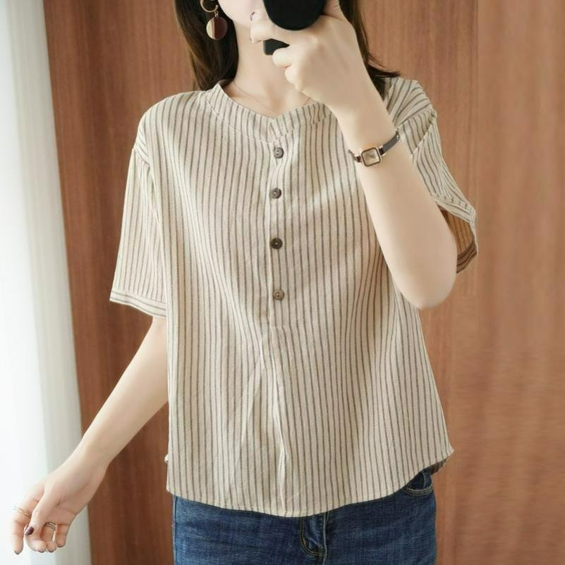 Cotton Short-sleeved T-shirt Women's Vertical Stripes Imitation Cotton and Linen Summer Loose and Thin Half-sleeved Shirt Trend