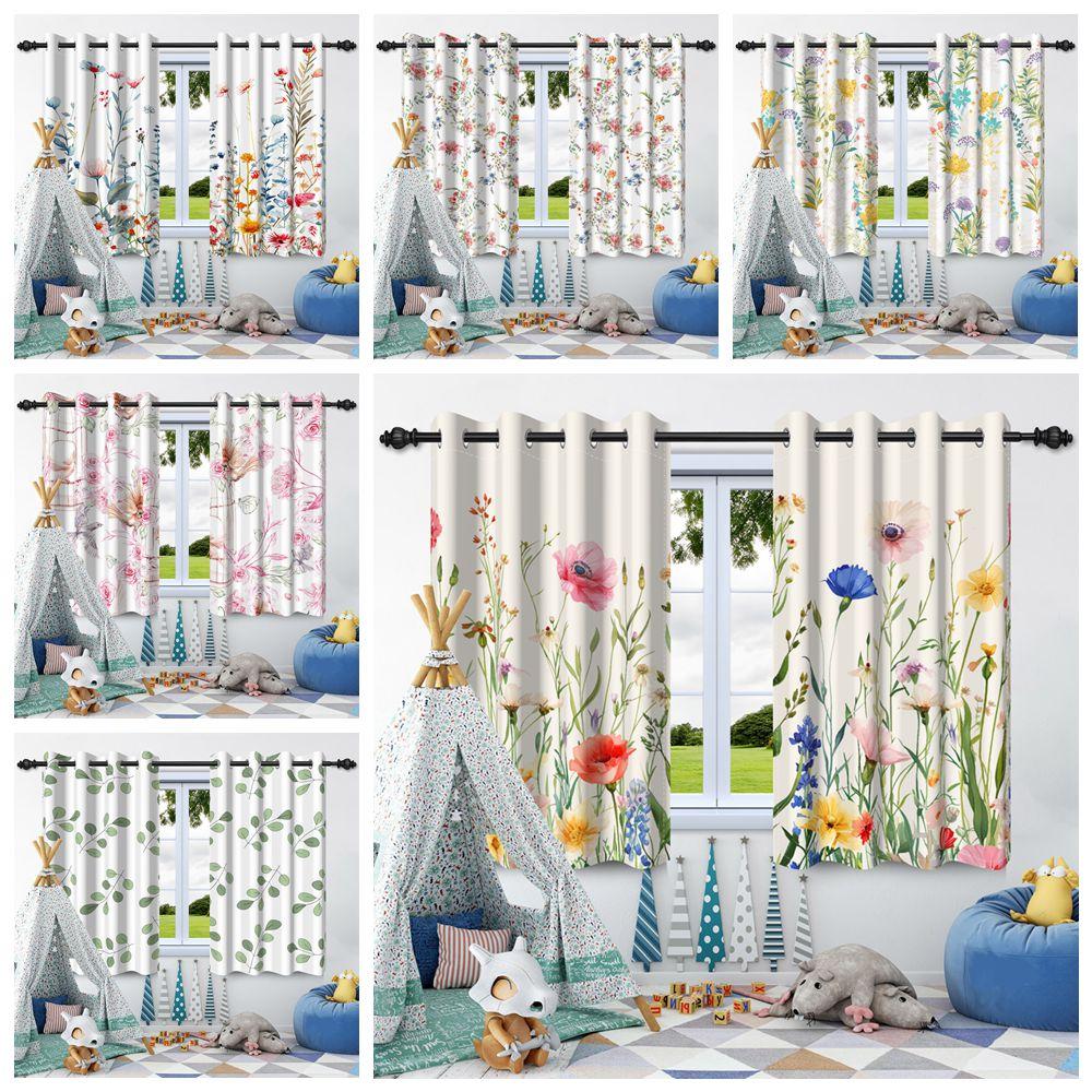 Wildflowers Floral Green Plants Window Curtains Blackout Washable Polyester Fabric Bedroom Living Room Home Decor Curtain 2 Pcs