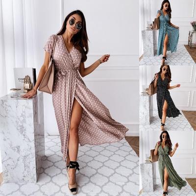 Sommer V-Ausschnitt Bohemian Gepunktetes Langes Kleid mit Kurzen Ärmeln