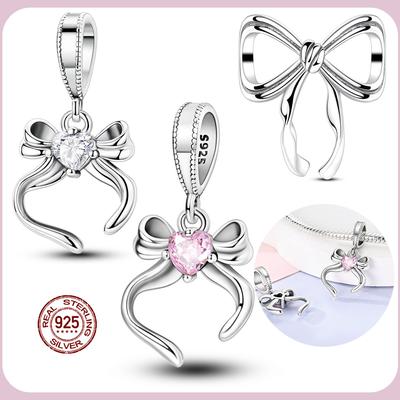 Fit Original Charms Pink Series 925 Silver Bow Charm Pendent Dangle Bead Bracelet Necklace DIY Women Jewelry Gift