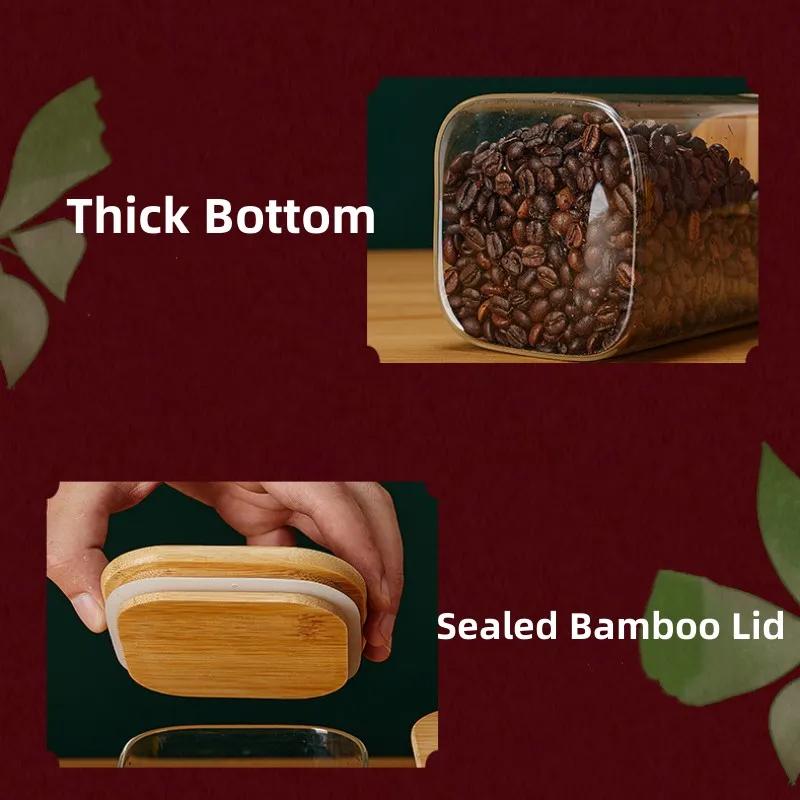 Square Glass Storage Jars with Bamboo Lid for Coffee Beans Grains Noodles Food Storage Containers Kitchen Organizers Storage