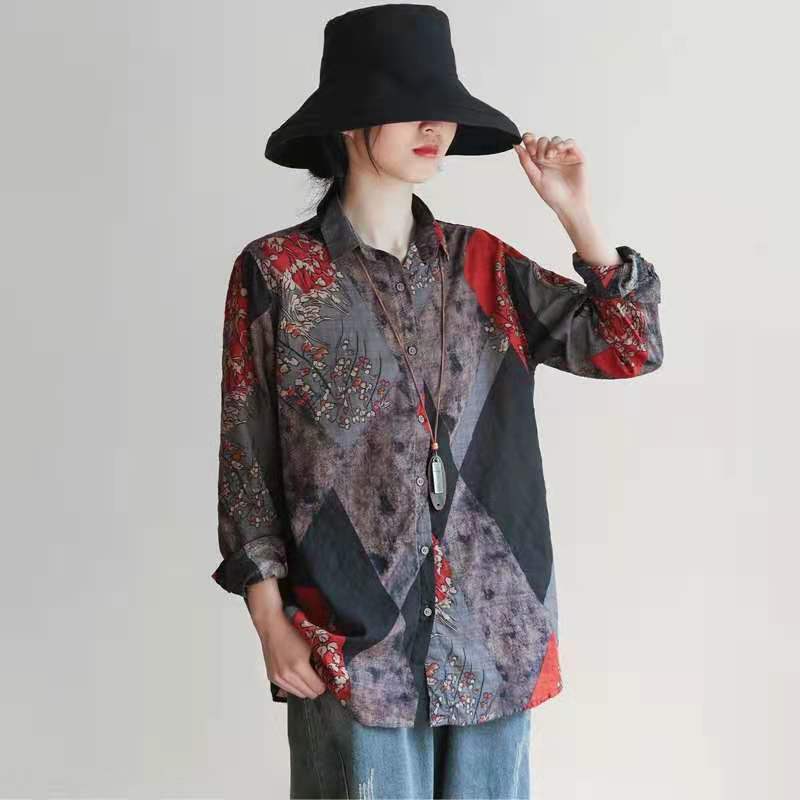 Large Size Loose Artistic Retro Casual Shirt for Women Spring Retro Printed Loose Single Breasted Long Sleeved Top Blouses Shirts