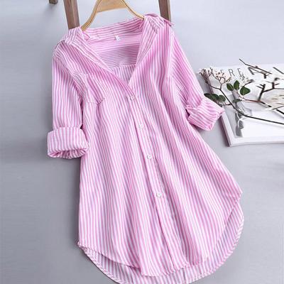 Women Turn Down Collar Long Sleeve Blouse Tops Spring Summer Loose Casual Stripe Shirts